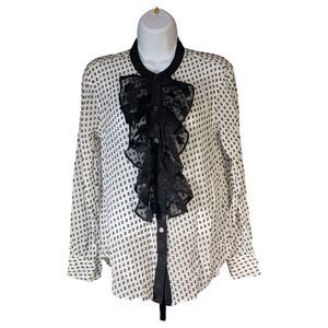 7 For All Mankind Silk Blouse Top Shirt Button Ruffle Long Sleeve White Black XS